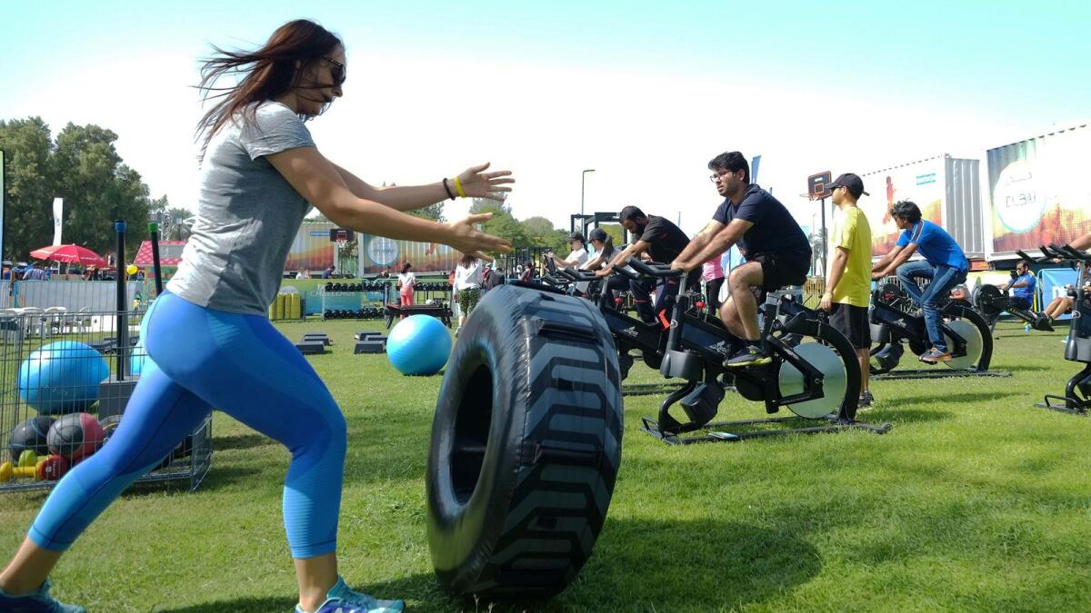 20 November 2017: Participants perform various physical activities as part of the Dubai Fitness Challenge at Safa Park. Image: KT File